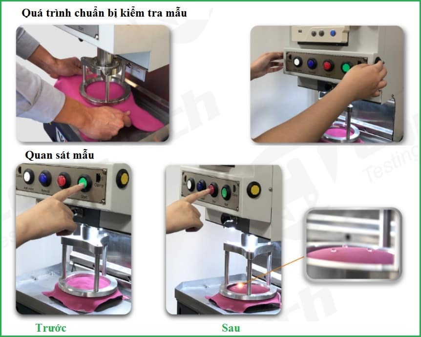 Quá trình kiểm tra mẫu của máy đo độ thấm nước vải QC-317F Quá trình kiểm tra mẫu của máy đo độ thấm nước vải QC-317F